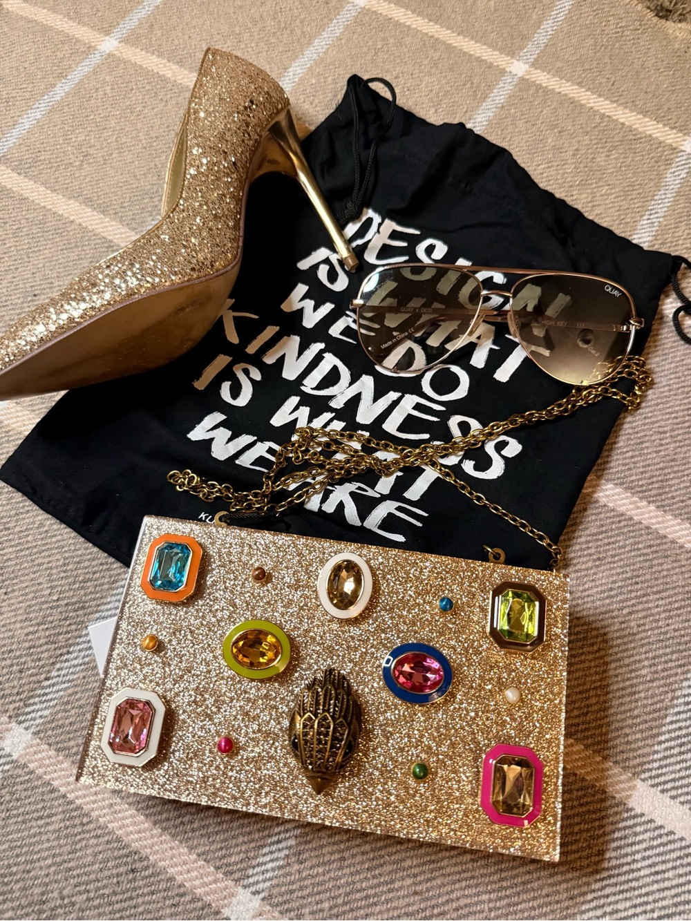 Kurt Geiger Gold Glitter Gemstone Clutch bag or Crossbody 🔥NWT🔥Sold Out